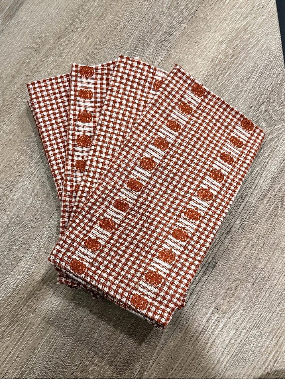 Napkin - Set of 8 - Orange & White Gingham Pumpkin Kitchen Linens